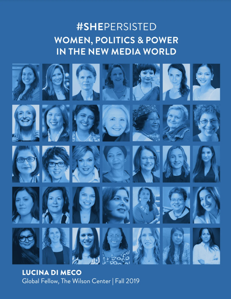 Blue cover for "Women, Politics & Power in the New Media World – #ShePersisted" 