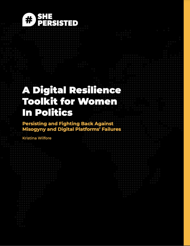 Black cover for "A Digital Resilience Toolkit for Women in Politics – #ShePersisted"