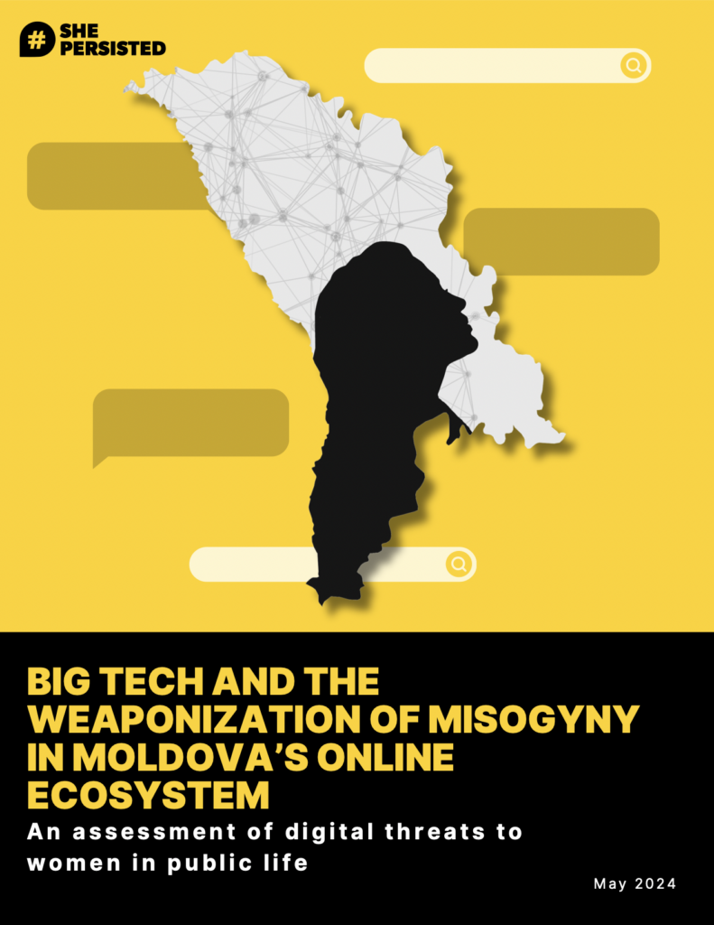 Yellow cover for a 
report: Big Tech And The Weaponization Of Misogyny In Moldova's Online Ecosystem